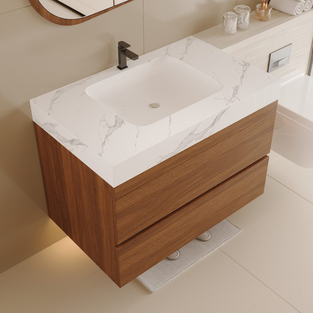 30 inch Walnut Wall Mounted Bathroom Vanity High Angle Studio View