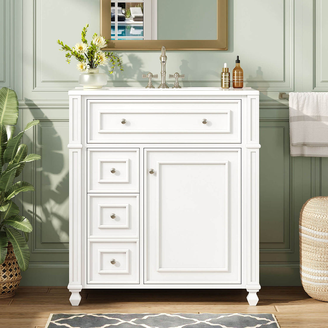 30 inch White Bathroom Vanity with Ceramic Basin and Soft Close Doors