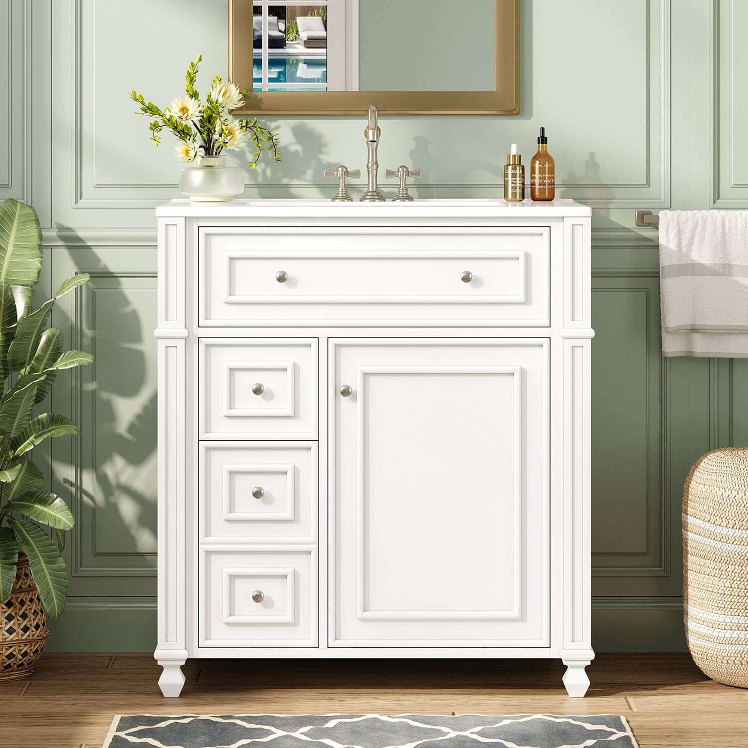 30 inch White Bathroom Vanity with Ceramic Basin and Soft Close Doors
