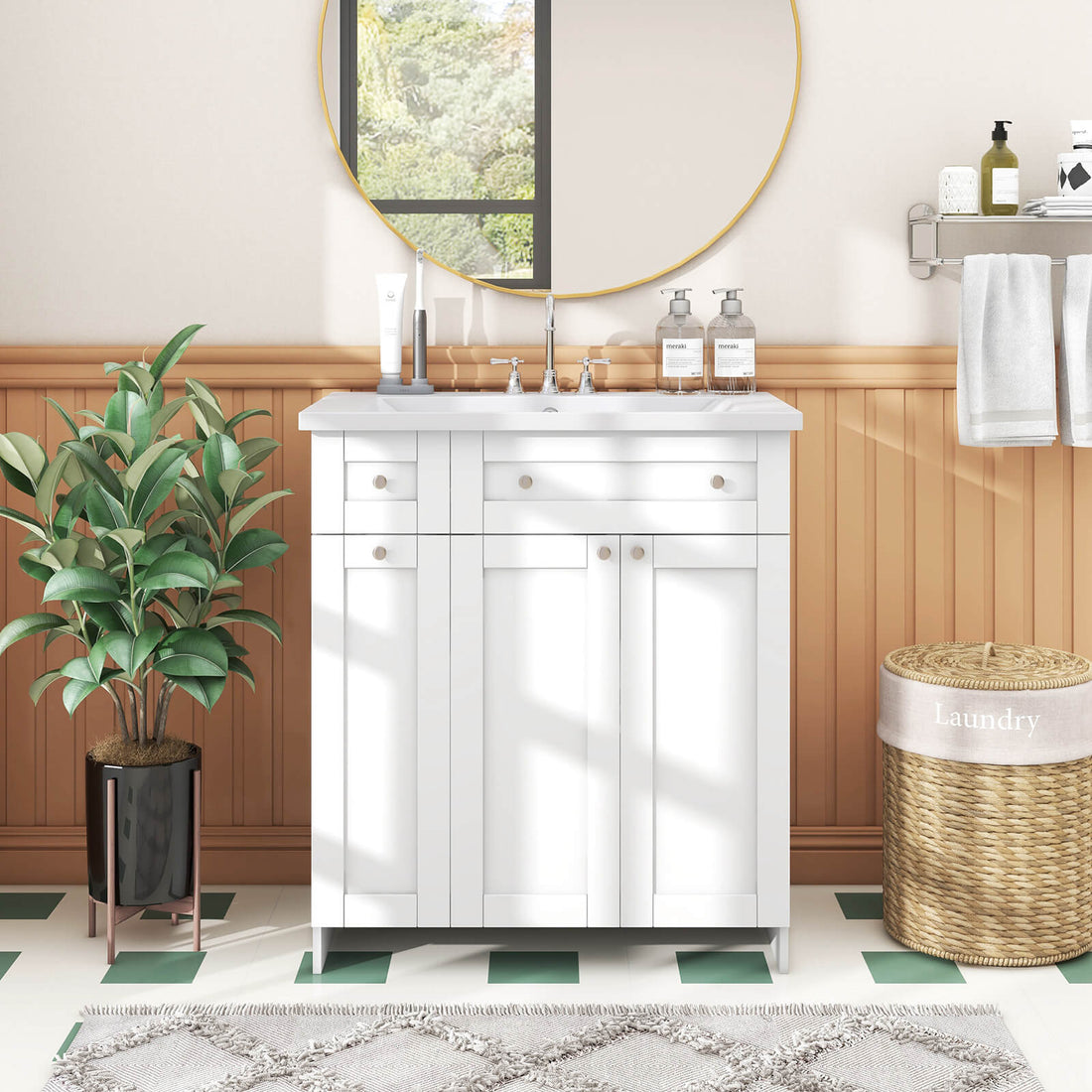30 inch White Bathroom Vanity with Soft-Close Doors