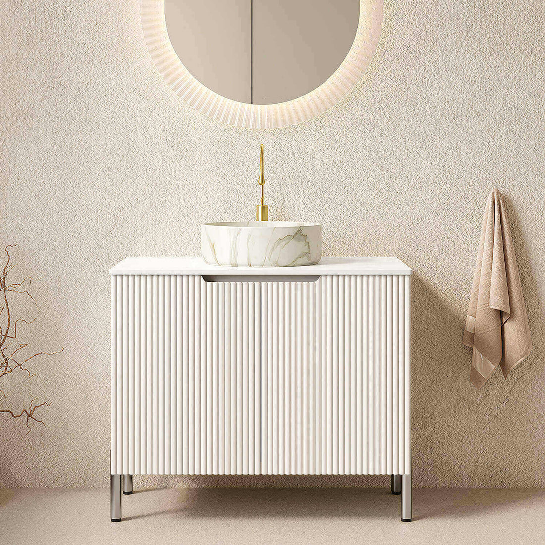 30 inch White Freestanding Vanity with Stone-Patterned Vessel Sink