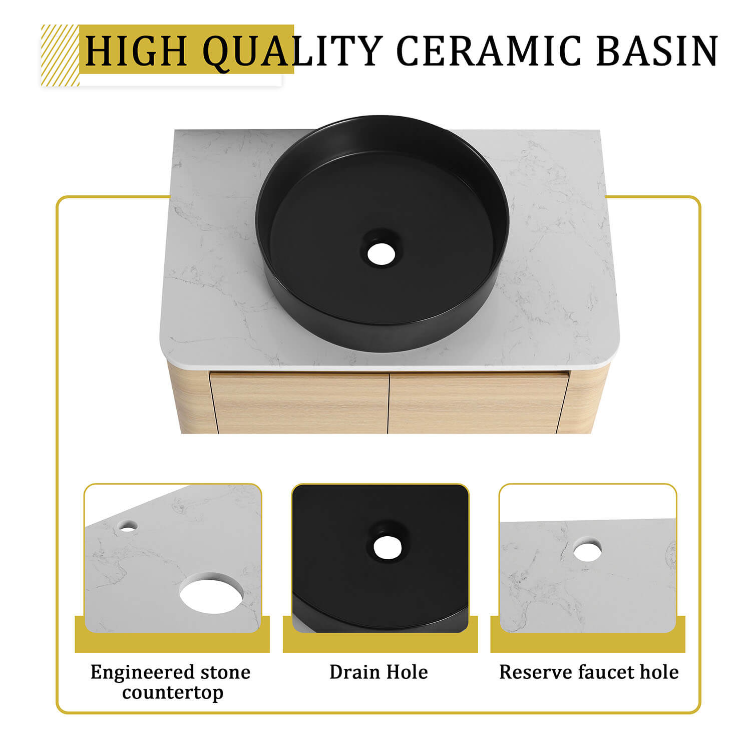 30 inch White Oak Bathroom Vanity-Black Ceramic Vessel Sink