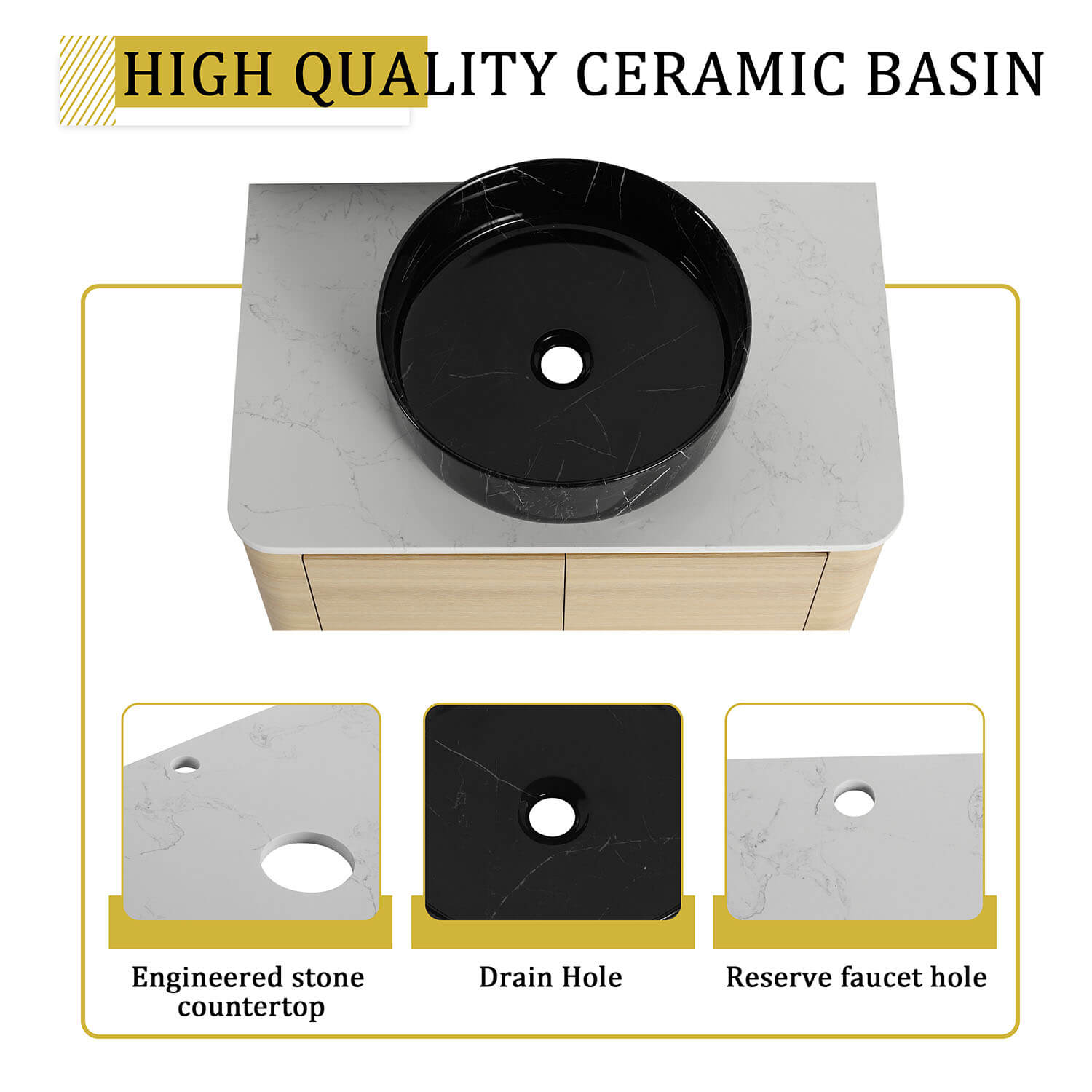 30 inch White Oak Bathroom Vanity-Black Marble Texture Ceramic Vessel Sink