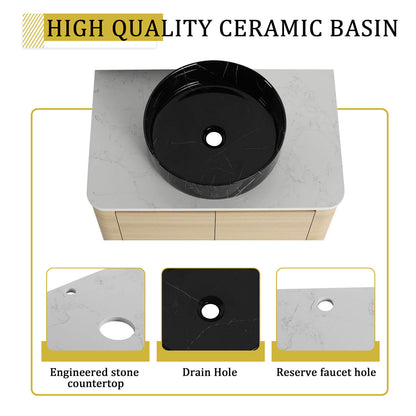 30 inch White Oak Bathroom Vanity-Black Marble Texture Ceramic Vessel Sink