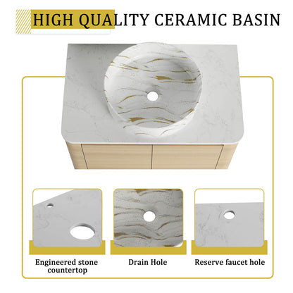 30 inch White Oak Bathroom Vanity-Golden Stone Pattern Ceramic Vessel Sink