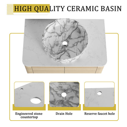 30 inch White Oak Bathroom Vanity-Marble Pattern Ceramic Vessel Sink