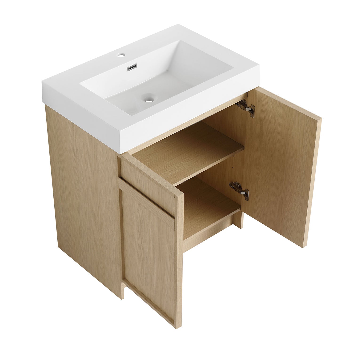 30 inch White Oak Bathroom Vanity-Resin Sink and Soft Close Cabinet Doors
