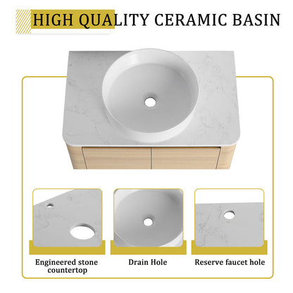 30 inch White Oak Bathroom Vanity-White Ceramic Vessel Sink