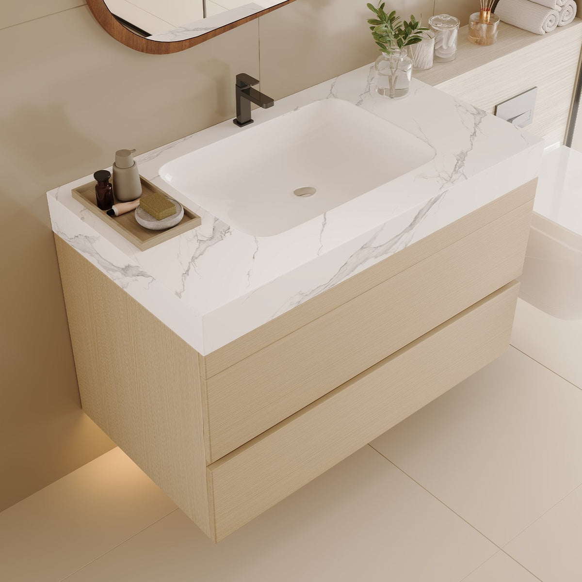 30 inch White Oak Bathroom Vanity Top View Faux Marble Countertop Design