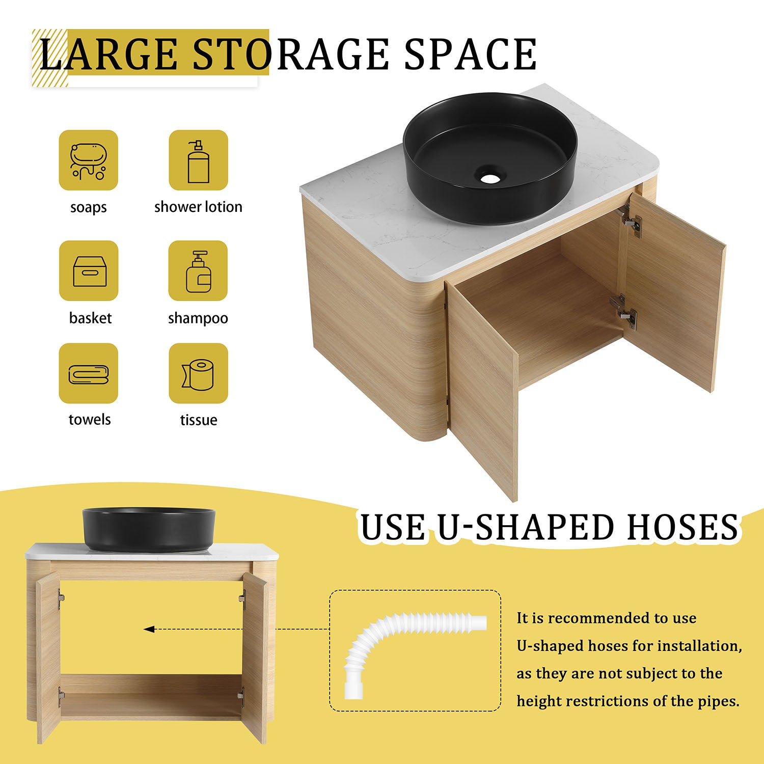 30 inch White Oak Bathroom Vanity with Black Ceramic Vessel Sink-storage space
