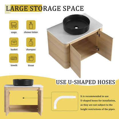 30 inch White Oak Bathroom Vanity with Black Ceramic Vessel Sink-storage space