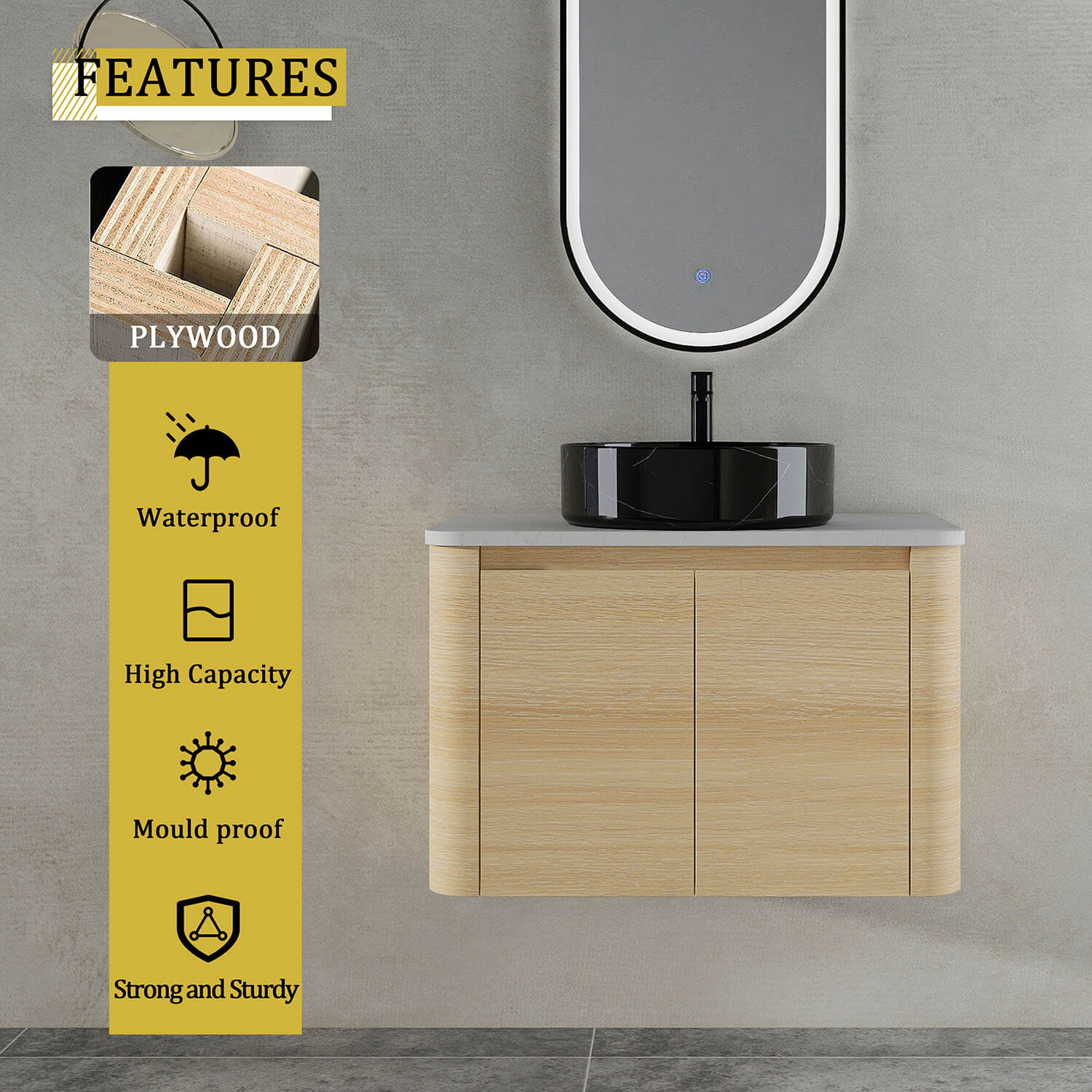 30 inch White Oak Bathroom Vanity with Black Marble Texture Ceramic Vessel Sink-material