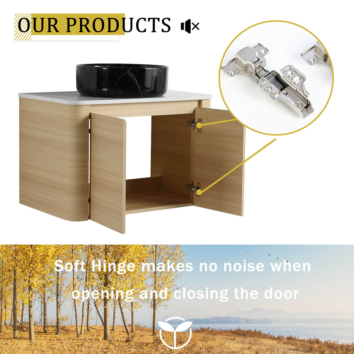 30 inch White Oak Bathroom Vanity with Black Marble Texture Ceramic Vessel Sink-soft closing door