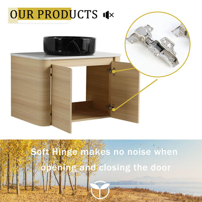 30 inch White Oak Bathroom Vanity with Black Marble Texture Ceramic Vessel Sink-soft closing door