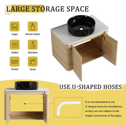 30 inch White Oak Bathroom Vanity with Black Marble Texture Ceramic Vessel Sink-storage space