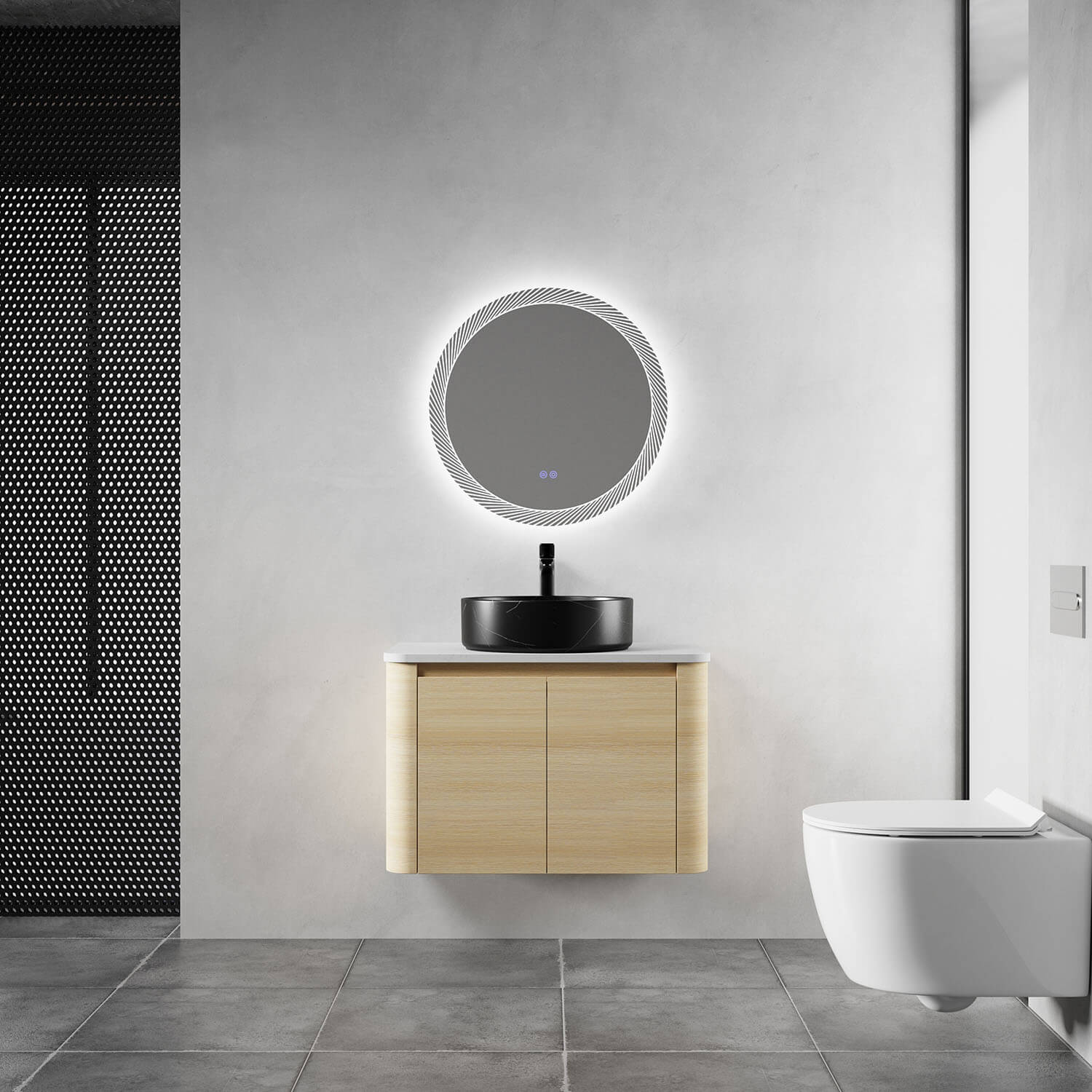 30 inch White Oak Bathroom Vanity with Black Marble Texture Ceramic Vessel Sink