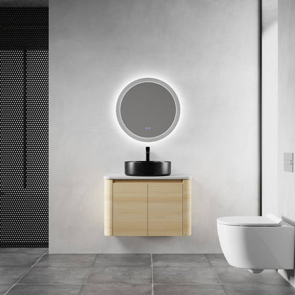 30 inch White Oak Bathroom Vanity with Black Marble Texture Ceramic Vessel Sink