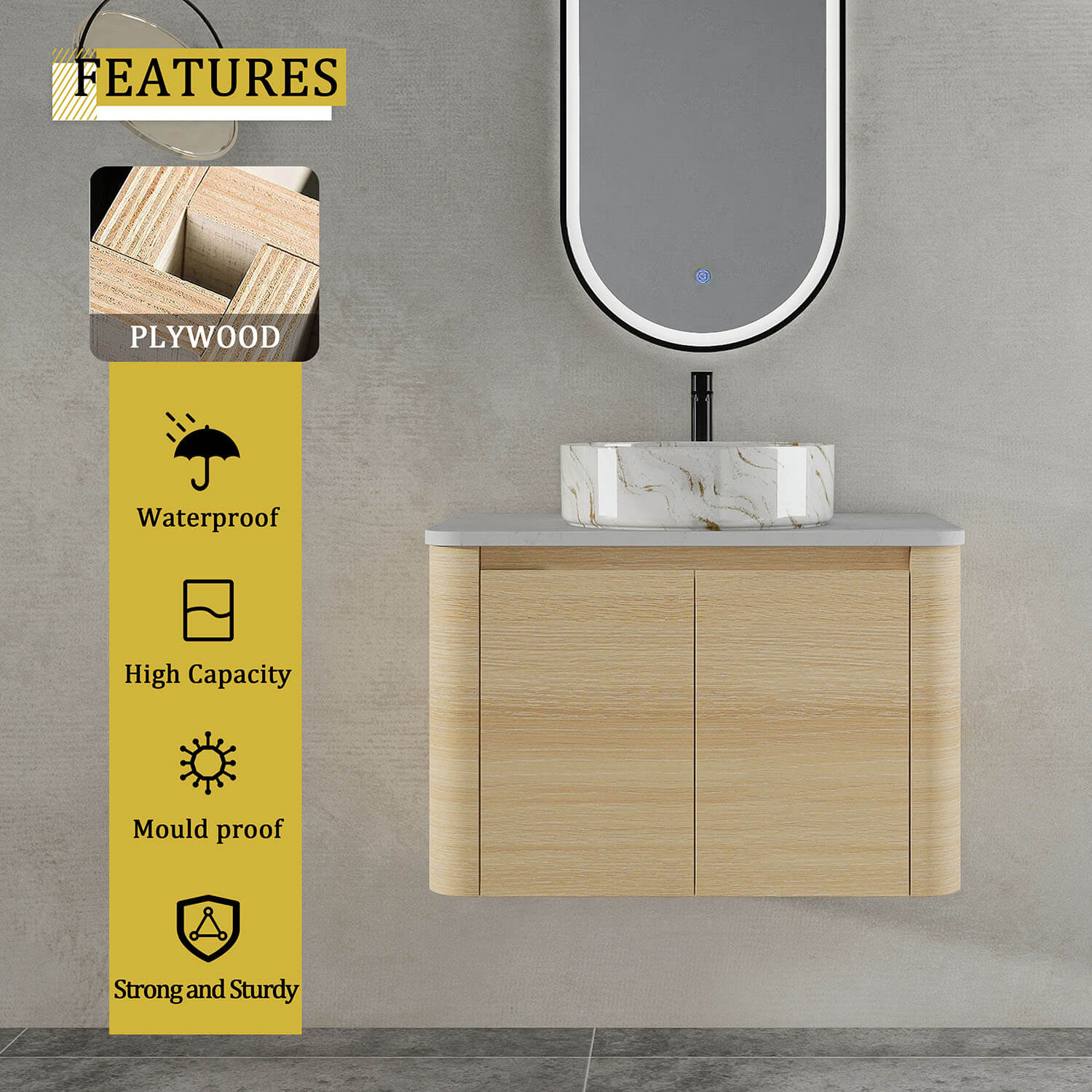 30 inch White Oak Bathroom Vanity  with Golden Stone Pattern Ceramic Vessel Sink-material