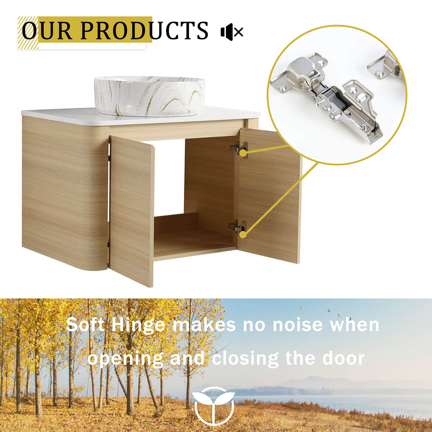 30 inch White Oak Bathroom Vanity  with Golden Stone Pattern Ceramic Vessel Sink-soft closing hinge