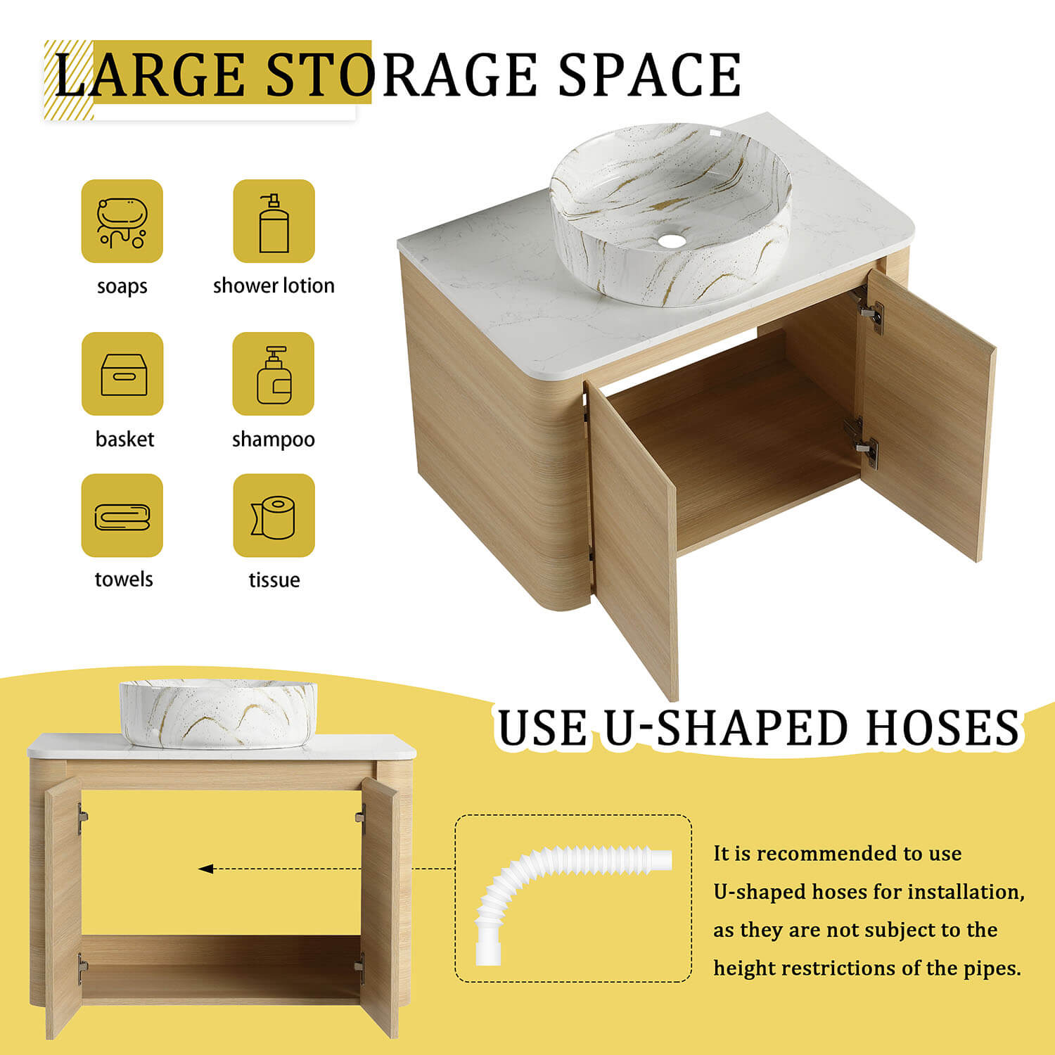 30 inch White Oak Bathroom Vanity  with Golden Stone Pattern Ceramic Vessel Sink-storage space