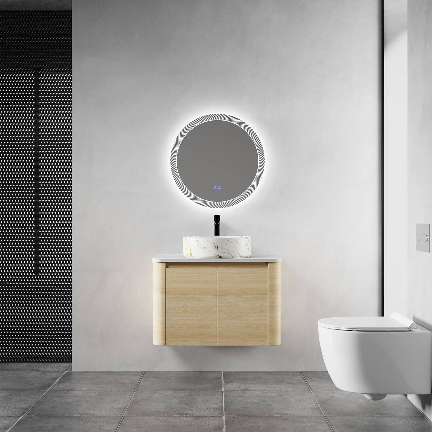 30 inch White Oak Bathroom Vanity with Golden Stone Pattern Ceramic Vessel Sink