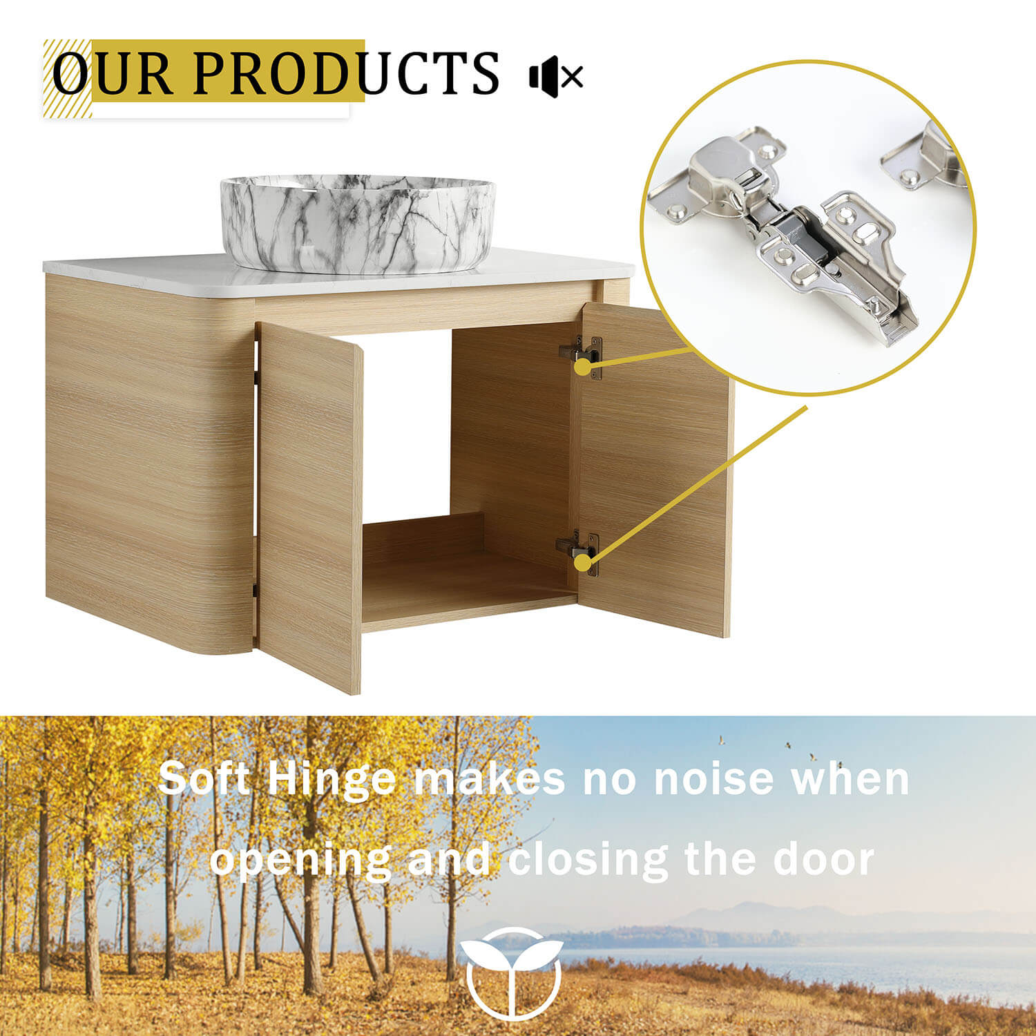 30 inch White Oak Bathroom Vanity with Marble Pattern Ceramic Vessel Sink-soft closing door