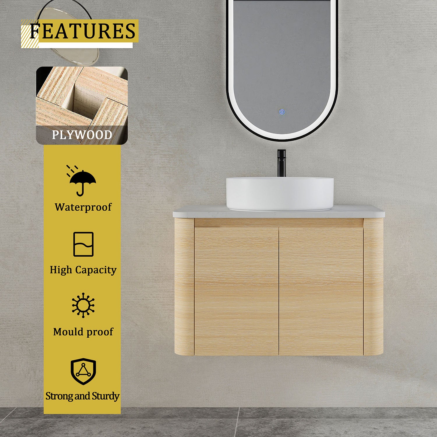 30 inch White Oak Bathroom Vanity with White Ceramic Vessel Sink-material