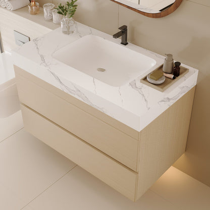 30 inch White Oak Floating Bathroom Vanity with Ceramic Sink Studio Perspective View