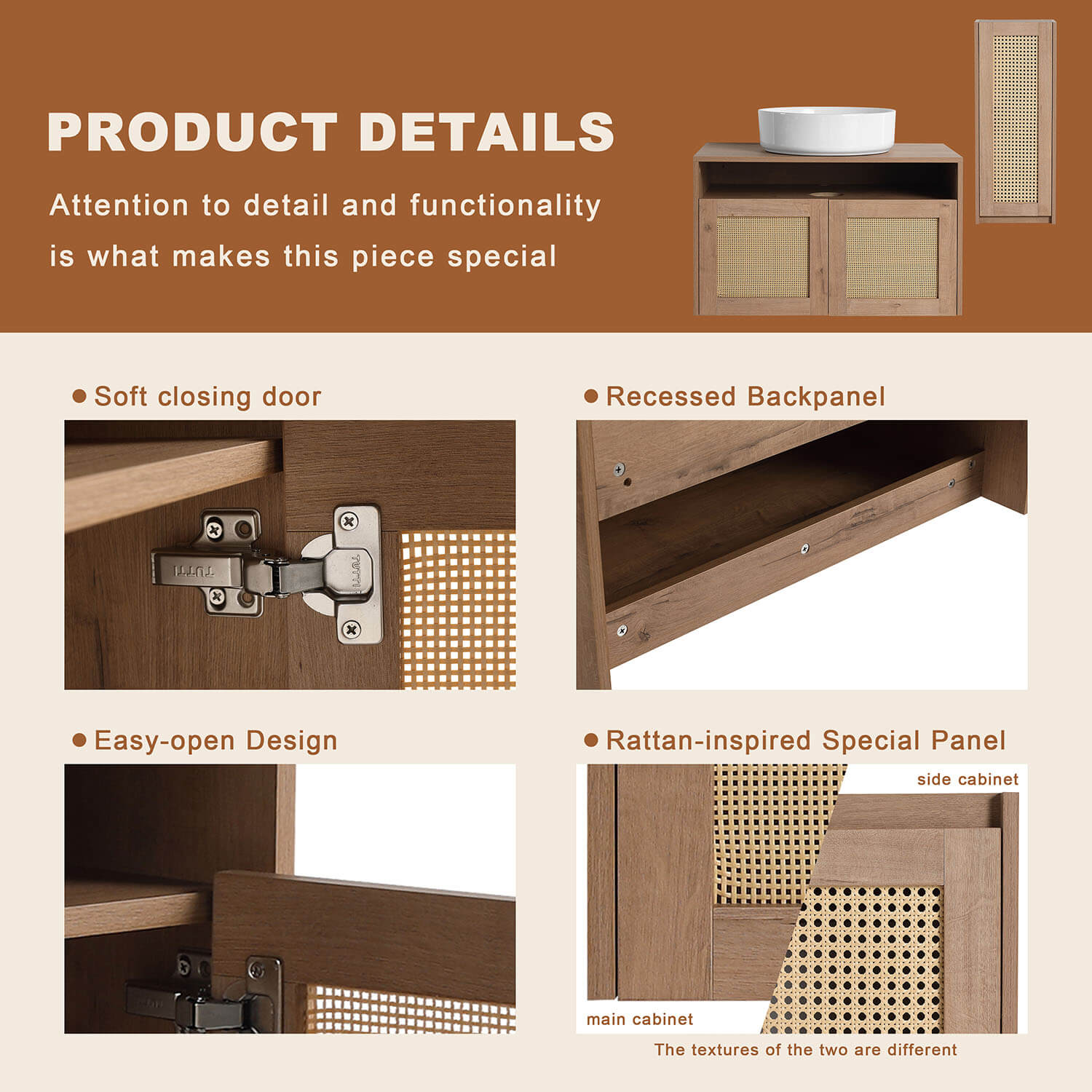 30 inch White Oak Floating Vanity soft closing door