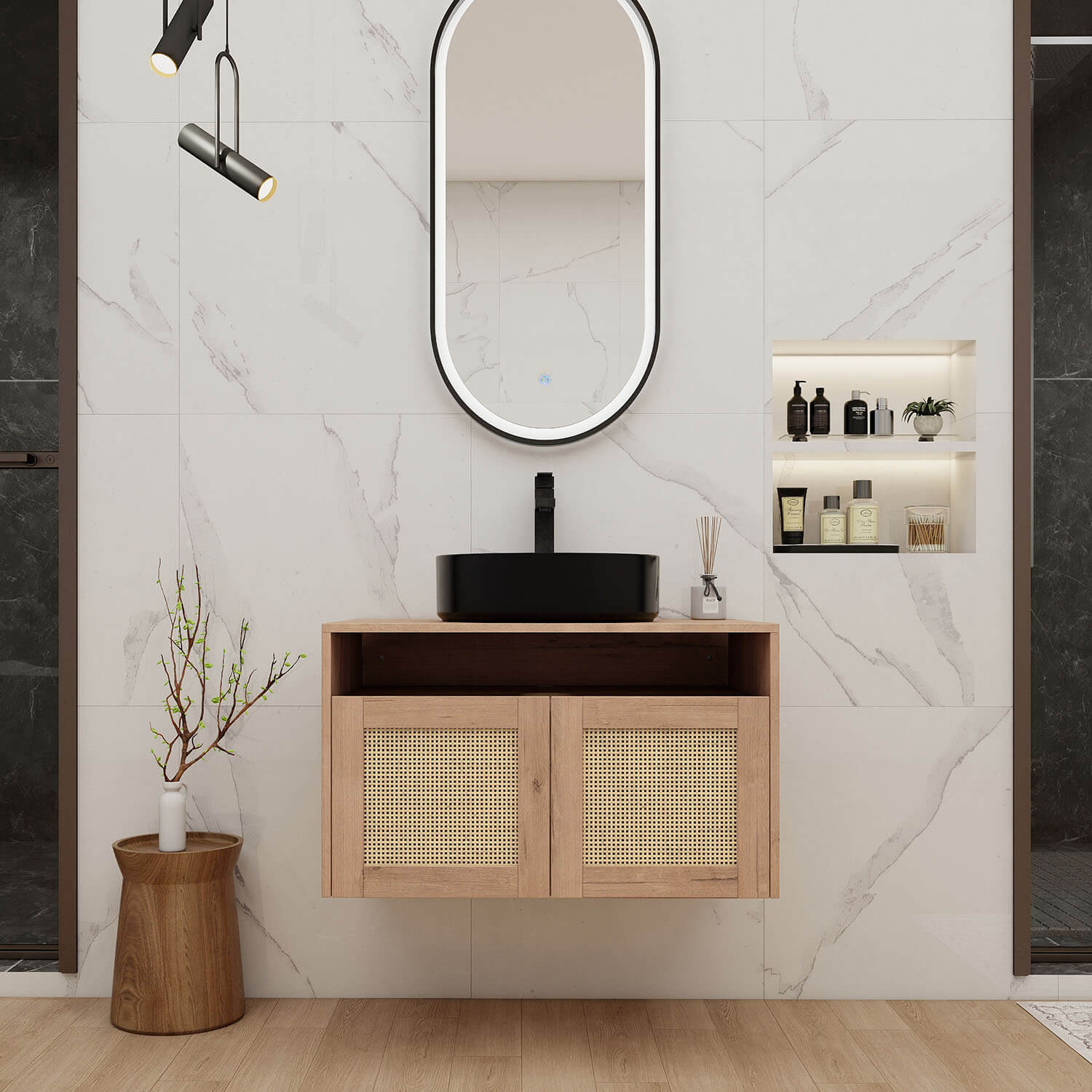 30 inch White Oak Floating Vanity with Black Ceramic Sink