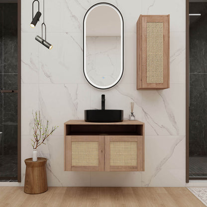 30 inch White Oak Floating Vanity with Black Ceramic Sink and 12 inch Wall-Mounted Cabinet