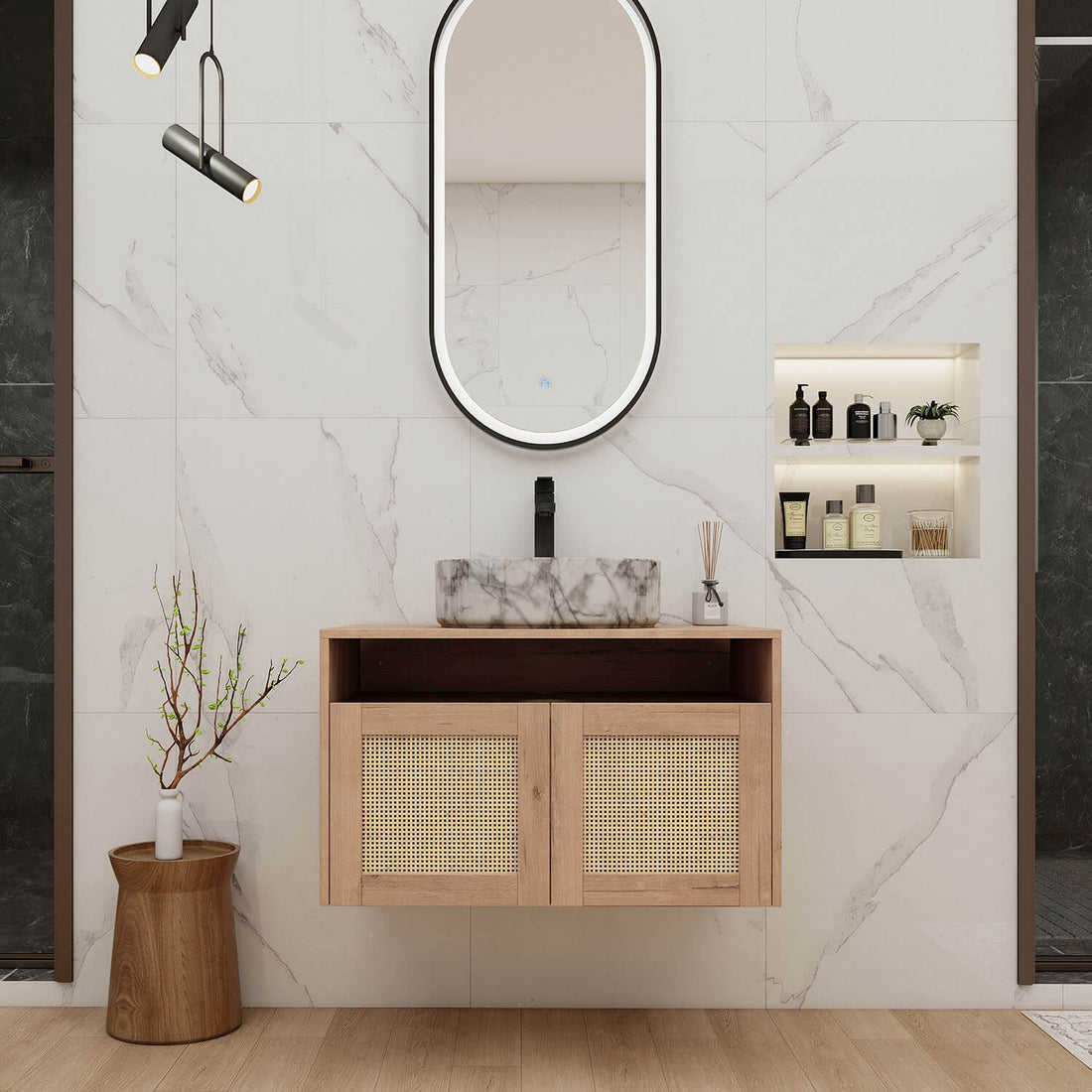 30 inch White Oak Floating Vanity with Marble-Veined Ceramic Sink