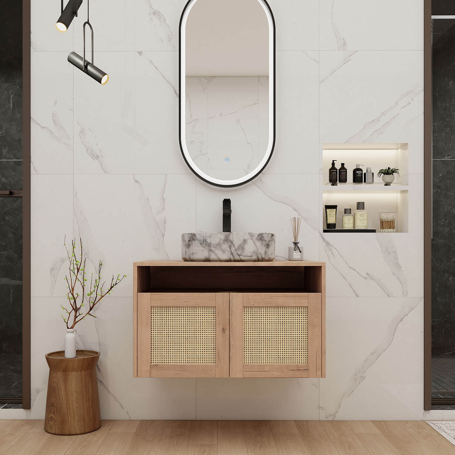 30 inch White Oak Floating Vanity with Marble-Veined Ceramic Sink