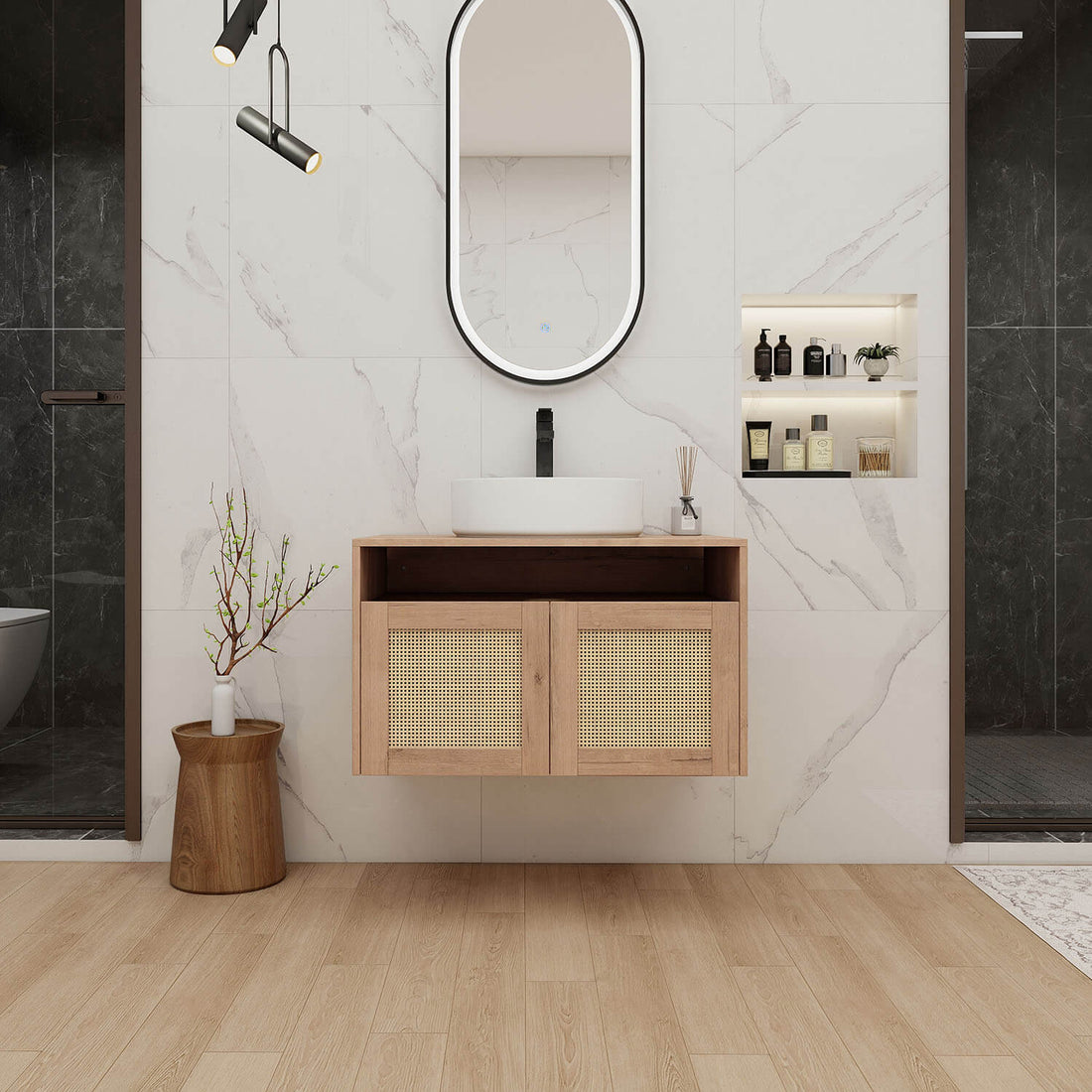 30 inch White Oak Floating Vanity with White Ceramic Sink