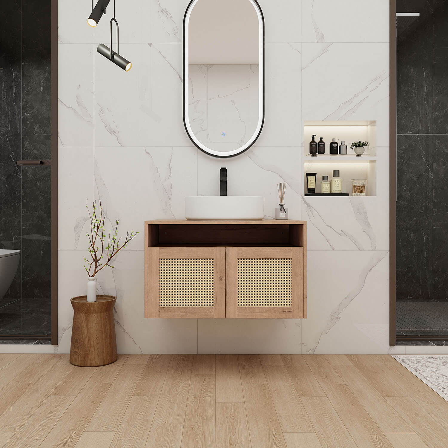 30 inch White Oak Floating Vanity with White Ceramic Sink
