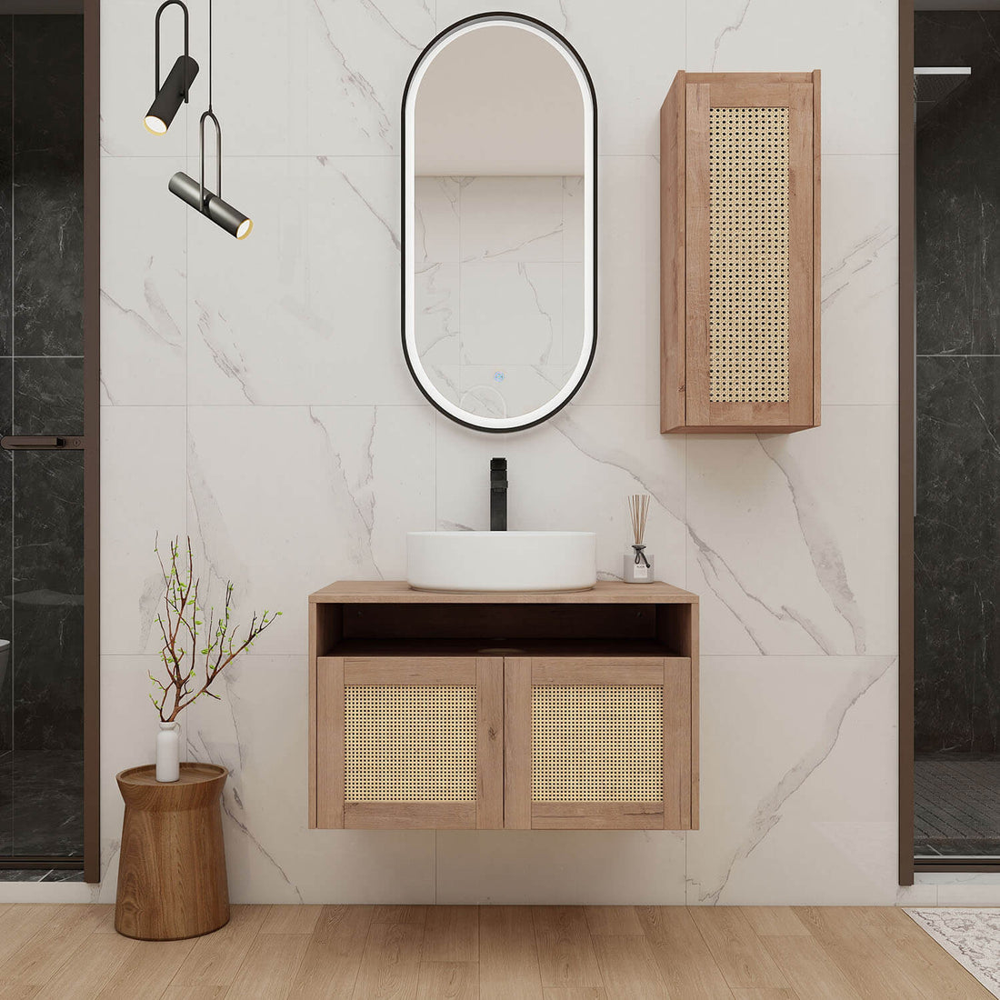 30 inch White Oak Floating Vanity with White Ceramic Sink and 12 inch Wall-Mounted Cabinet