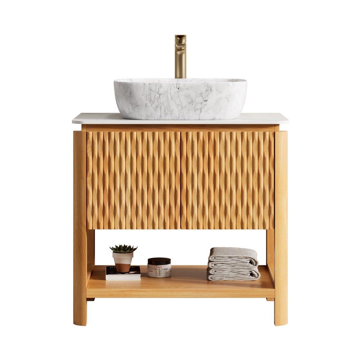 30 inch White Oak Fluted Bathroom Vanity with Marble Ceramic Vessel Sink and White Sintered Stone Countertop