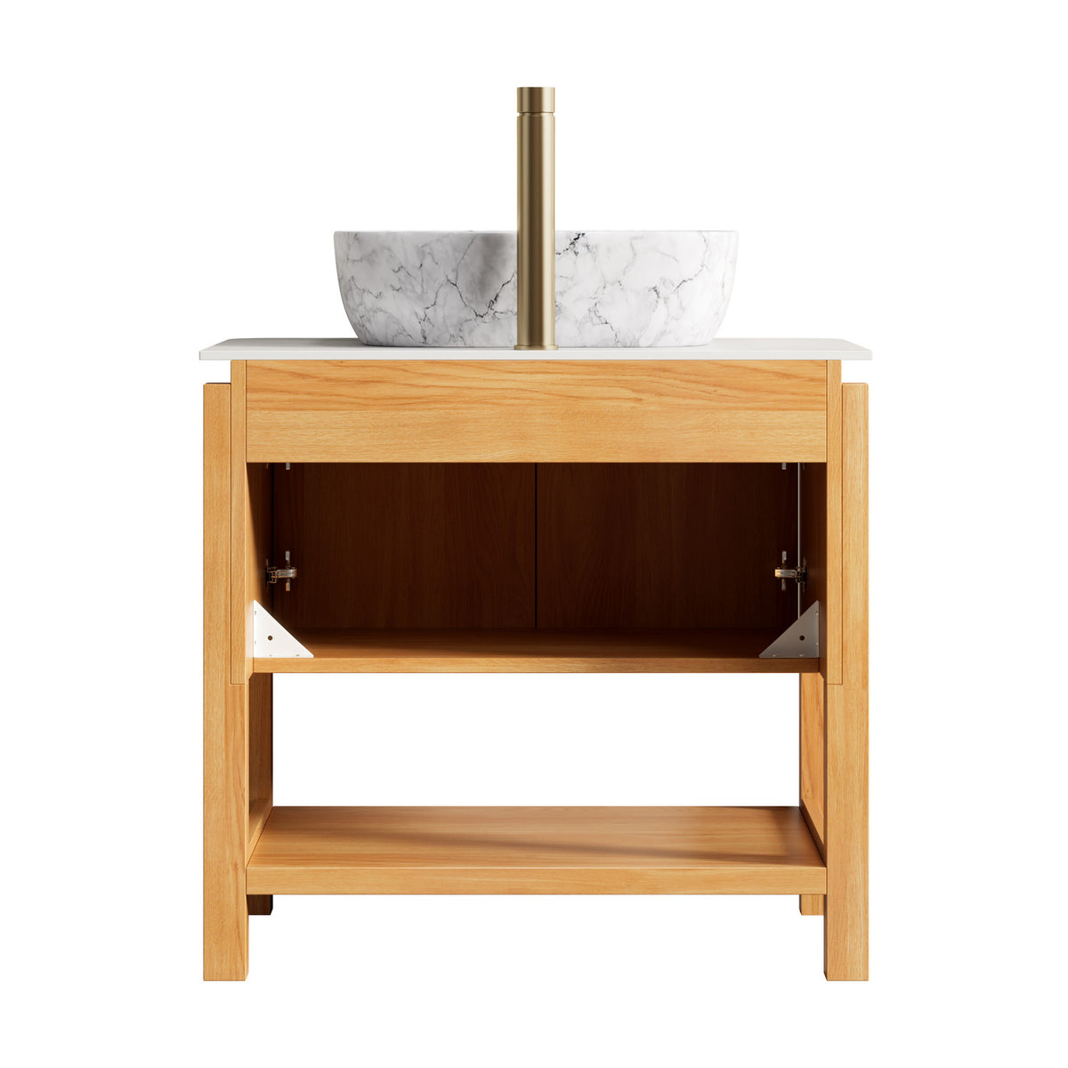 30 inch White Oak Vessel Sink Bathroom Vanity Rear View with Cabinet Construction and Open Storage Shelf