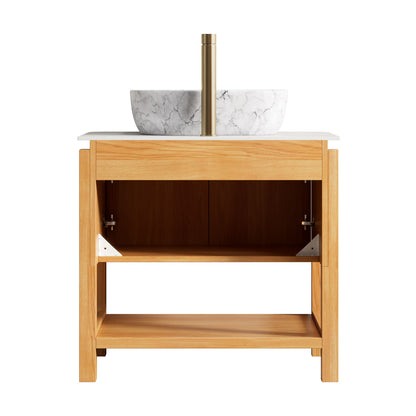 30 inch White Oak Vessel Sink Bathroom Vanity Rear View with Cabinet Construction and Open Storage Shelf