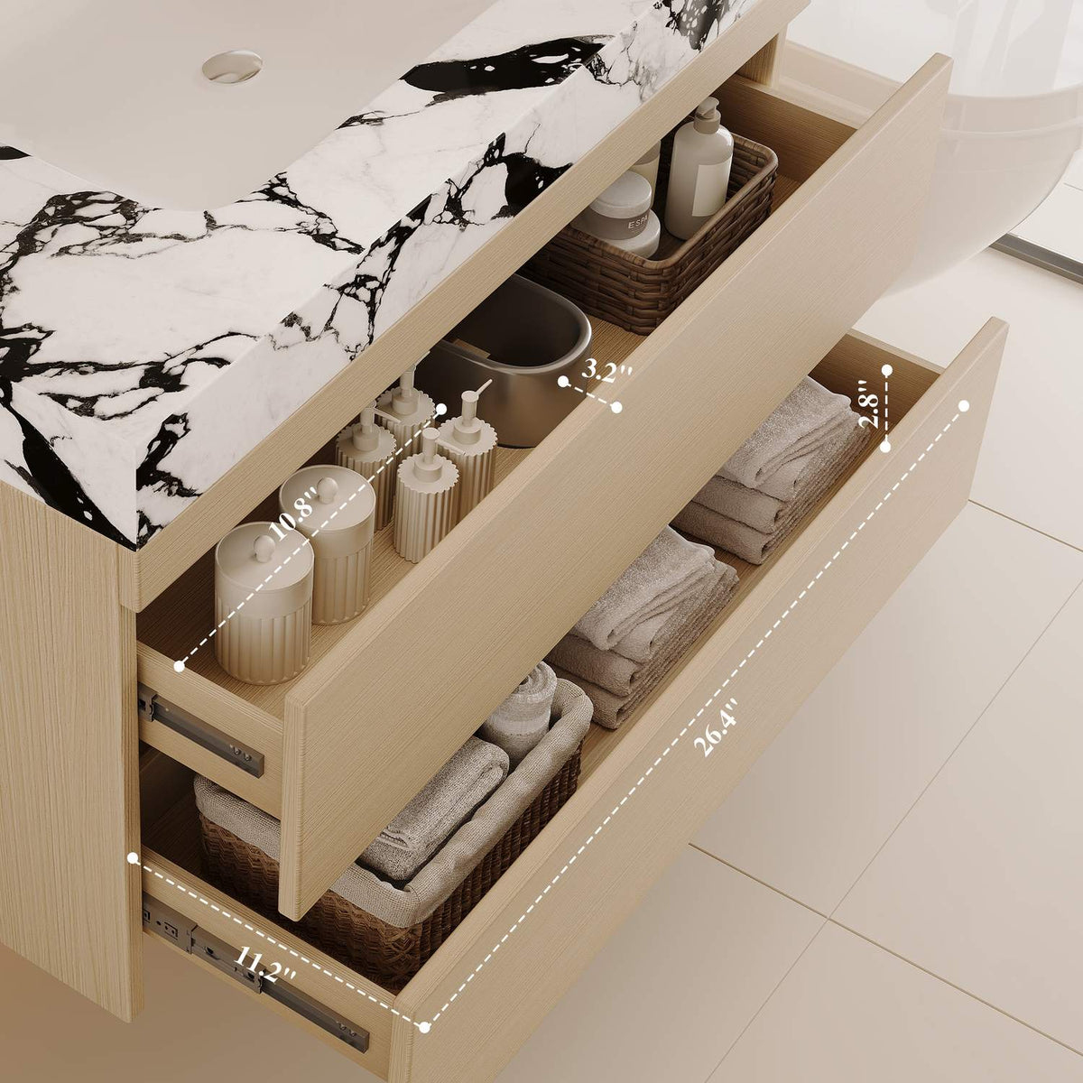 30 inch Wood Bathroom Vanity Drawer Storage Capacity Dimensions View