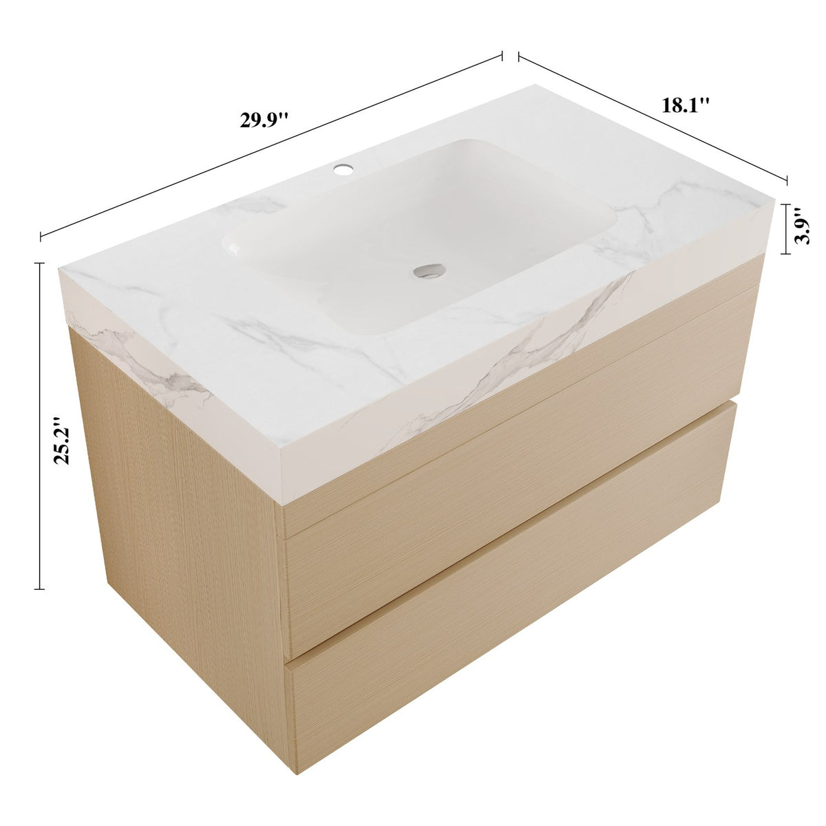 30 inch Wood Floating Bathroom Vanity Wall-Mounted Overall Dimensions