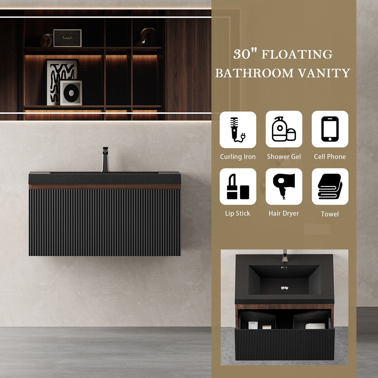 30 inch wall mounted vanity with U shape organized drawer storage