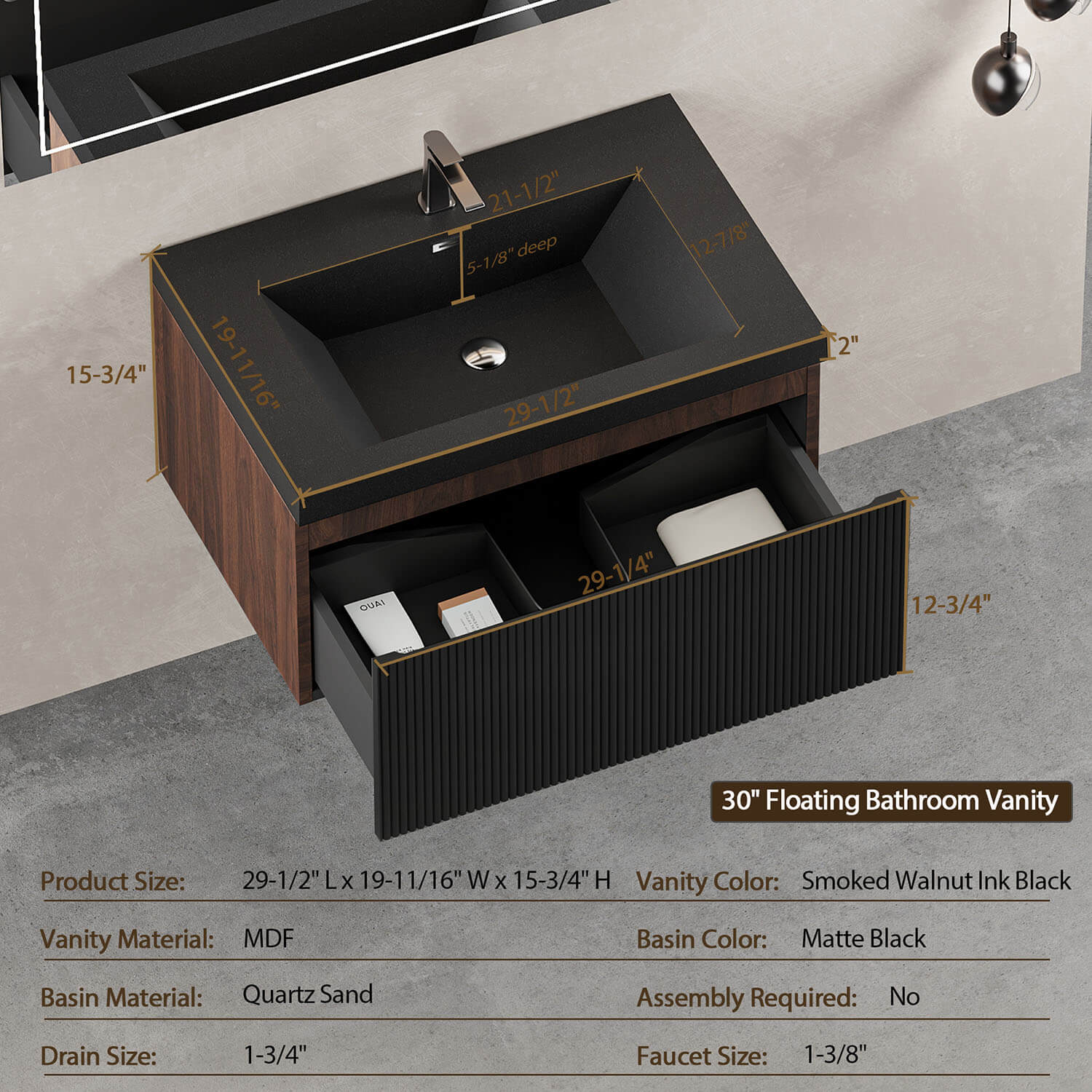 30 inch walnut and black fluted floating bathroom vanity dimension