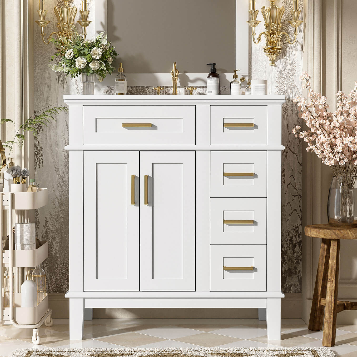 30  inch white bathroom vanity with gold hardware