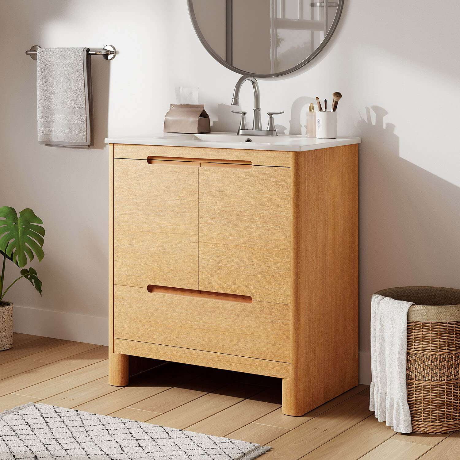 30 inch white oak freestanding bathroom vanity with ceramic sink