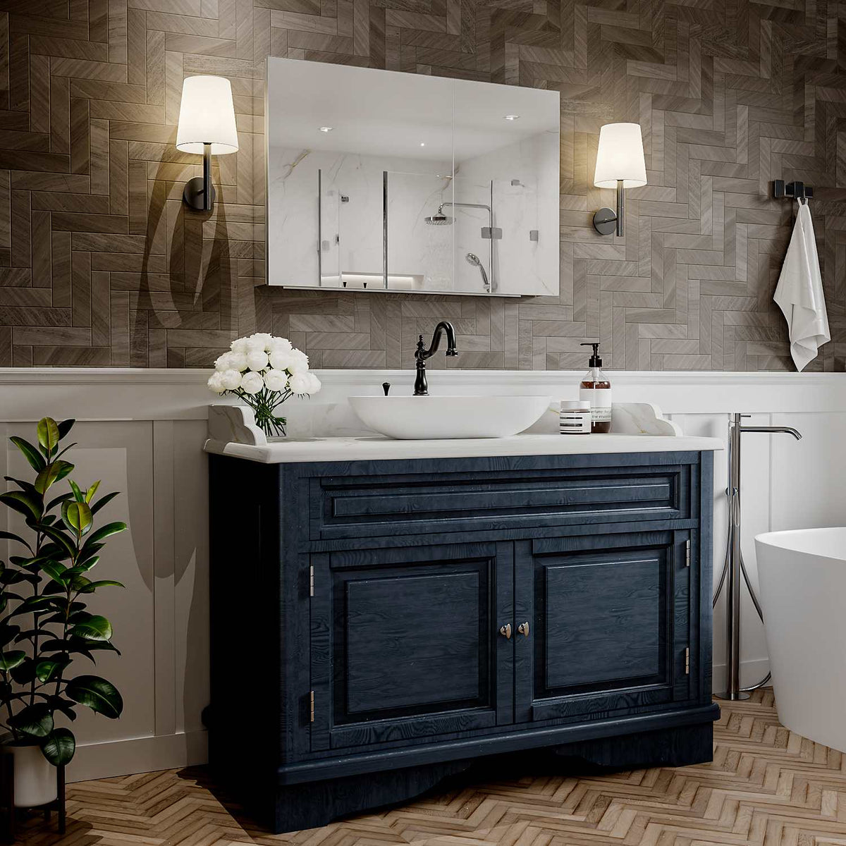 30 x 24-inch mirrored medicine cabinet above a blue bathroom vanity.