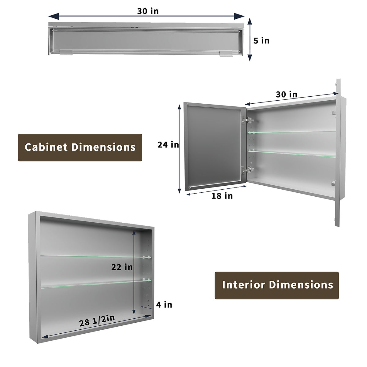 30 x 24-inch medicine cabinet showing exterior and interior dimensions.