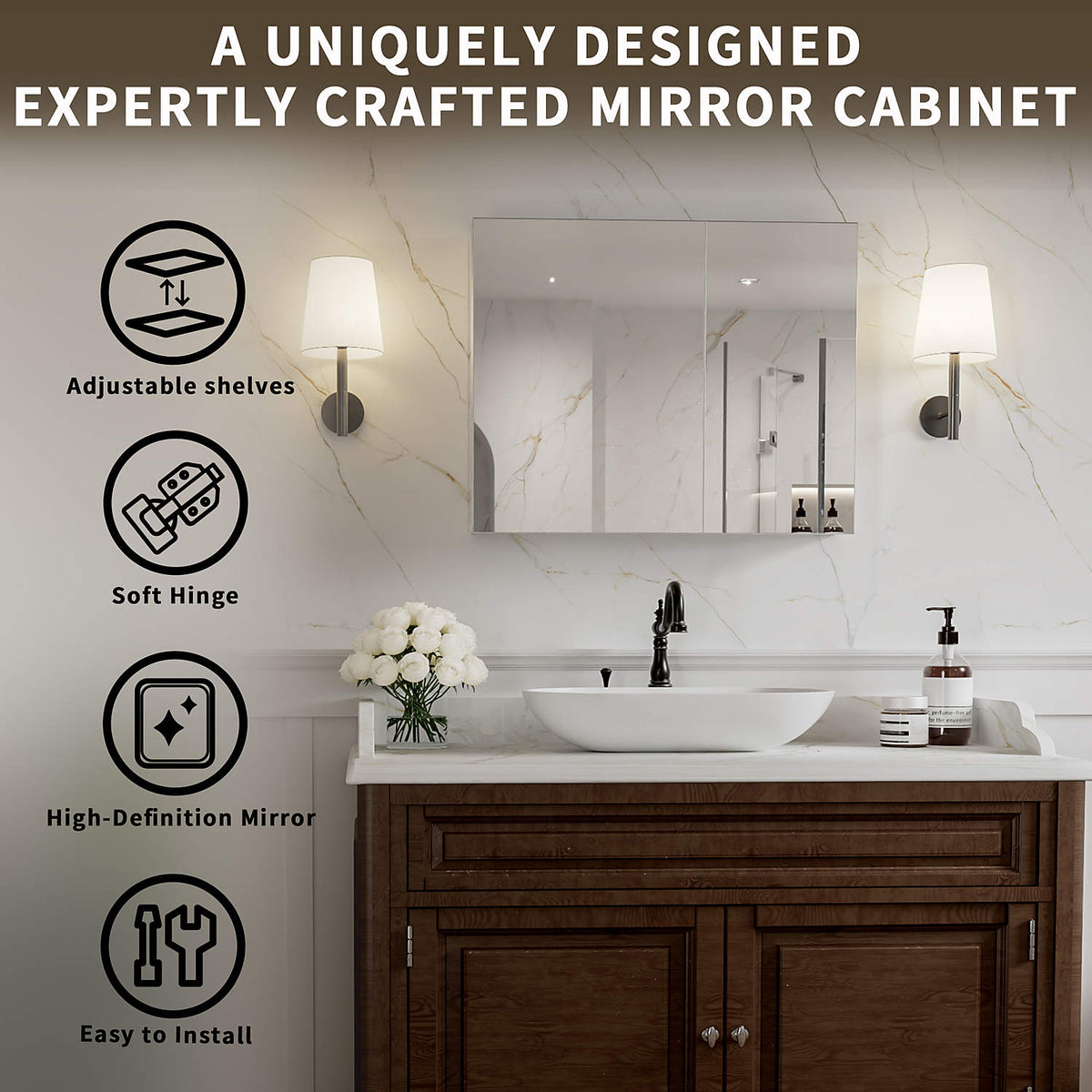 30 x 24-inch mirror cabinet highlighting adjustable shelves and soft-close hinges.