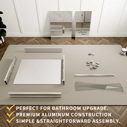 Mirror cabinet assembly parts with aluminum frame, shelves and hardware.