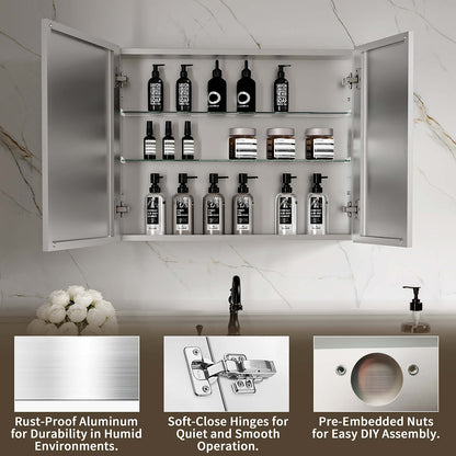 30 x 24-inch medicine cabinet with open doors, shelves and toiletries.